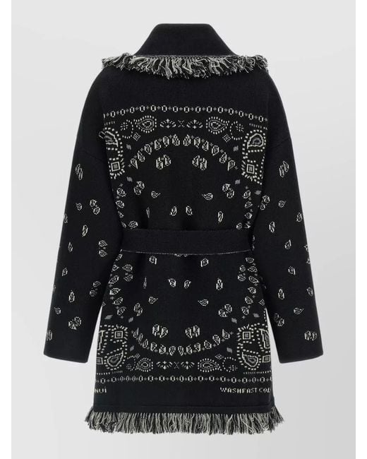 Alanui Black Bandana Knit Coat Belted Waist Fringe