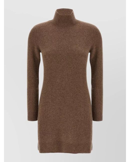 Max Mara Brown Cashmere Ribbed High-Neck Long-Sleeve Mini Dress