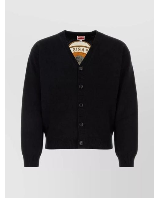 KENZO Blue Ribbed Cardigan With V Neckline And Graphic Print for men