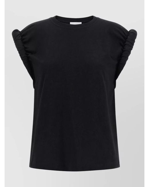 Nude Black Crew Neck T-Shirt Ruched Sleeve Design