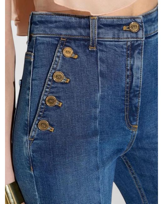 Elisabetta Franchi Blue High Rise Flared Denim Trousers Button Detail