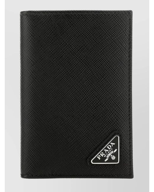 Prada Black Leather Card Holder Bifold Design Textured Finish for men