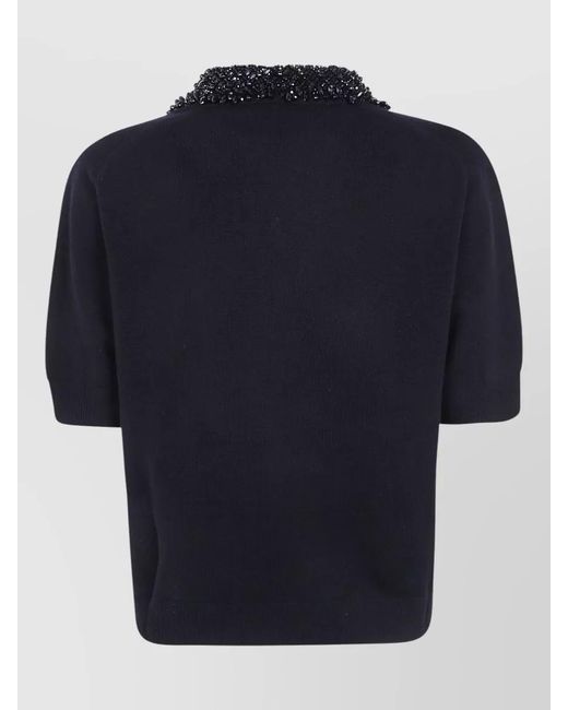 Semicouture Blue Cashmere-Blend Short-Sleeve Turtleneck Jumper