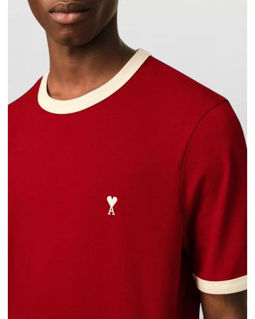 AMI Red Short Sleeve Crew Neck Contrast Trim Shirt for men