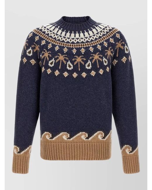 Alanui Blue Virgin Wool Jacquard Crewneck Sweater for men