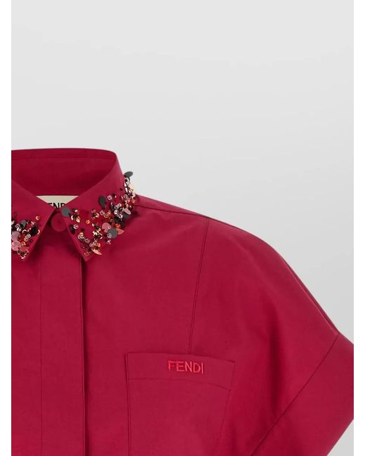 Fendi Red Cropped Shirt Embroidery Collar Short Sleeves