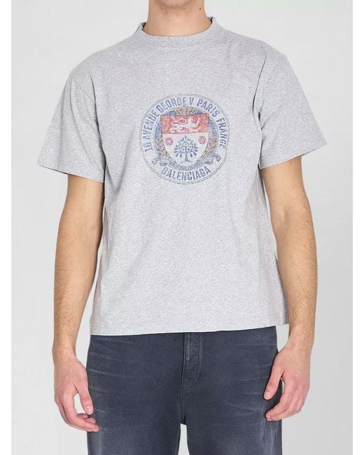 Balenciaga Blue Cotton Ribbed Regular-Fit Logo-Print T-Shirt for men