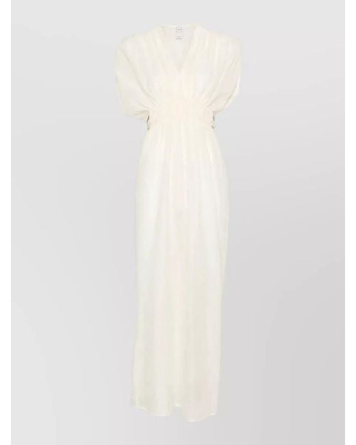 120% Lino White Linen Maxi Dress Elastic Waist V Neckline
