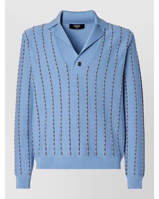 Fendi Blue Striped Knit Polo Long Sleeves Ribbed Trim for men
