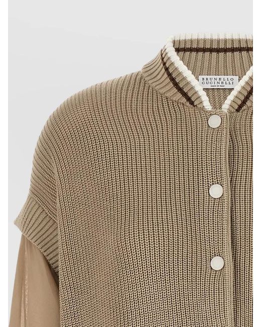 Brunello Cucinelli Natural Organza Sleeve Knit Bomber Cardigan