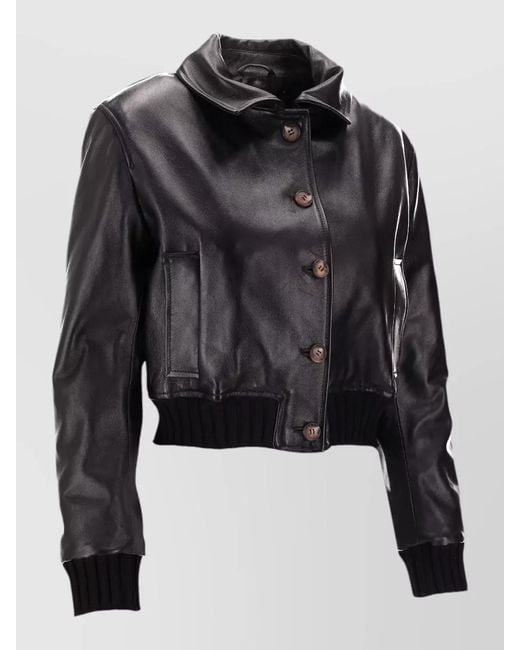 LA ROSE Black Nappa Leather Jacket High Collar Ribbed Cuffs