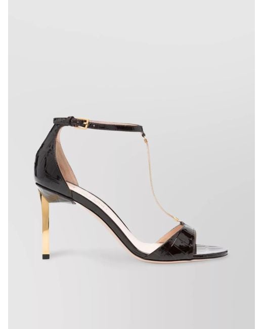 Tom Ford Black T-Bar Croc-Embossed Mid Heel Sandals