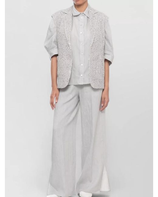 Panicale White Knit Blazer Sequin Lapel Open Sleeveless