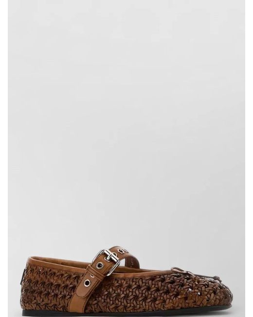 Miu Miu Brown Leather Loafers Buckle Detail Flat Sole