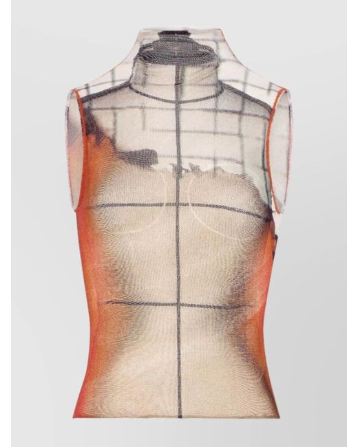 Jean Paul Gaultier Natural Mesh High Neck Tank Top Printed "Fire"