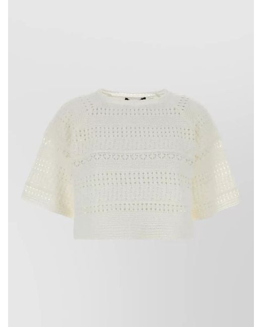 Weekend by Maxmara White Crochet Knit Top Round Neck Short Sleeves