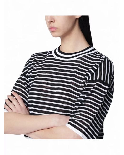 Roberto Collina Blue Knitwear Round Neck Sheer Striped Top