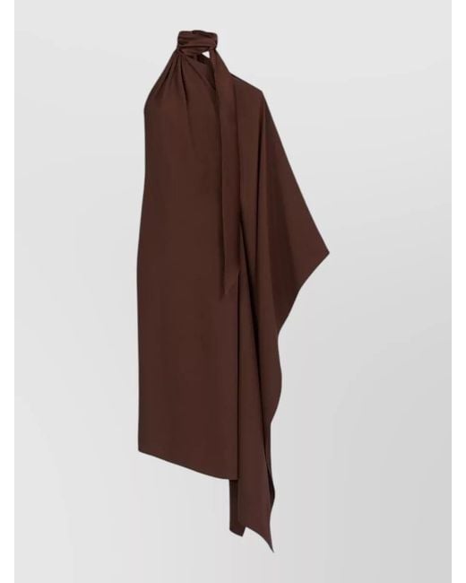 Taller Marmo Brown Atlas Asymmetric Off-Shoulder Gathered Midi Dress
