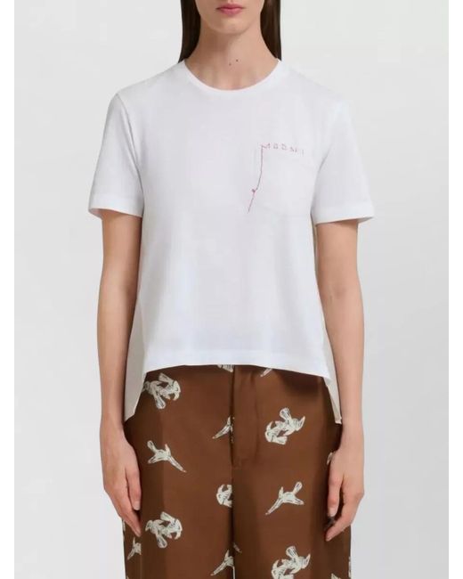 Marni White Cotton T Shirt Logo Embroidery Chest Pocket