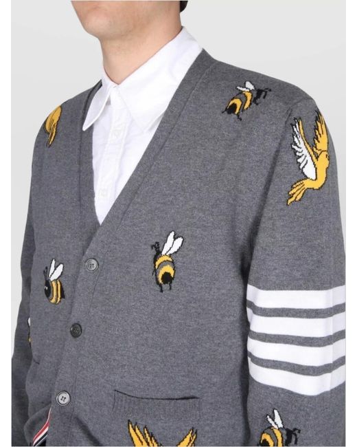 Thom Browne Gray Wool V-Neck Cardigan for men