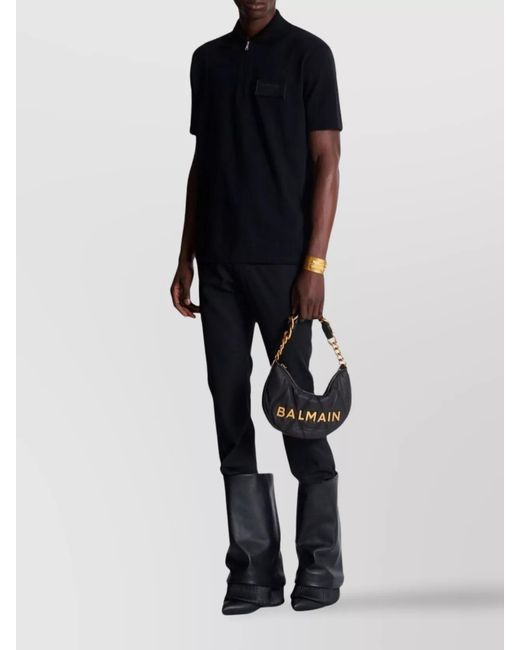 Balmain Black Couture Label Zipped Polo Shirt for men