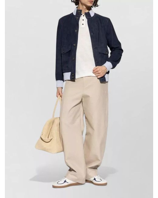 Eleventy Blue Leather Ribbed Bomber Jacket for men