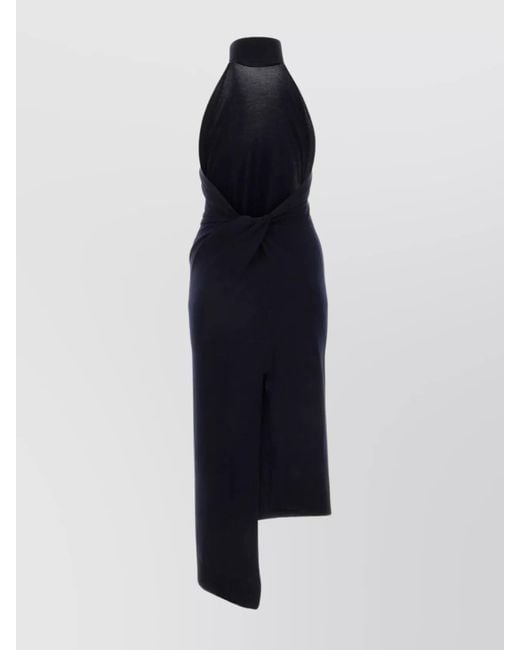 Fendi Blue Wool Ribbed-Knit Sleeveless High-Neck Open-Back Asymmetric Midi Dress