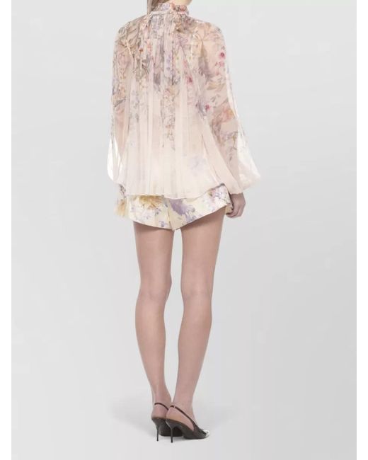 Zimmermann Natural Floral Blouse Drawstring Detail Balloon Sleeves