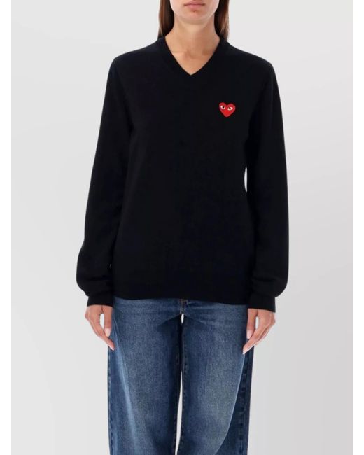COMME DES GARÇONS PLAY Blue Wool Ribbed V-Neck Jumper
