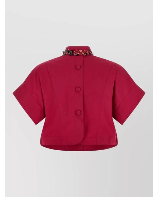 Fendi Red Cropped Shirt Embroidery Collar Short Sleeves