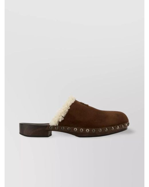 Miu Miu Brown Suede Clogs With Studded Trim And Wooden Sole