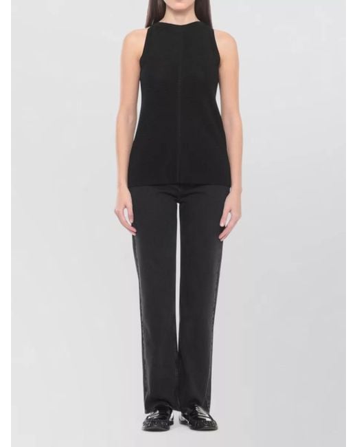 Loulou de Saison Black Round Neck Viscose Textured Sleeveless Top