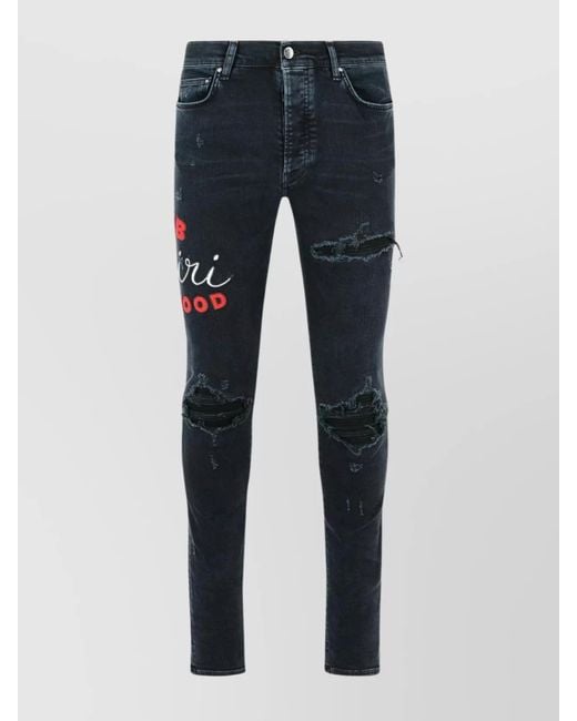 Amiri Blue Distressed Cotton Jeans Embroidered Design for men
