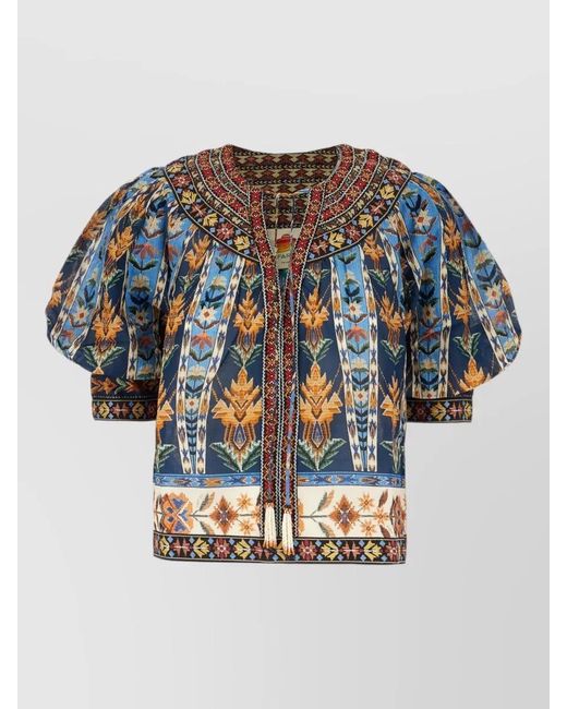 Farm Rio Blue Floral Cotton Blouse Puff Sleeves Embroidery