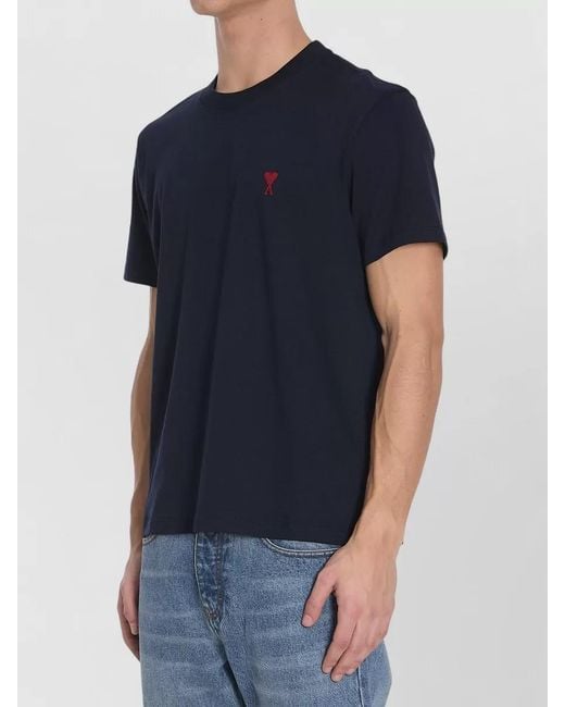 AMI Blue Cotton Ribbed Crewneck Short-Sleeve T-Shirt for men