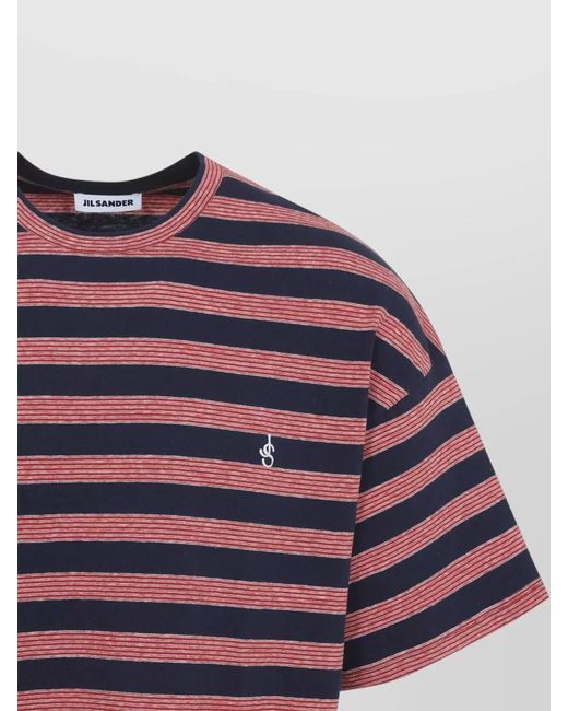 Jil Sander Red Crew Neck Short Sleeve Striped Cotton Shirt for men