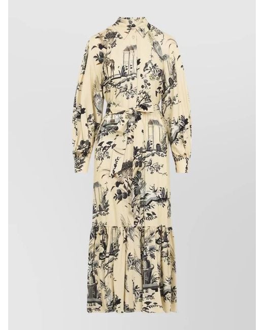 Etro Natural Floral Midi Dress Belted Waist Pleated Hem