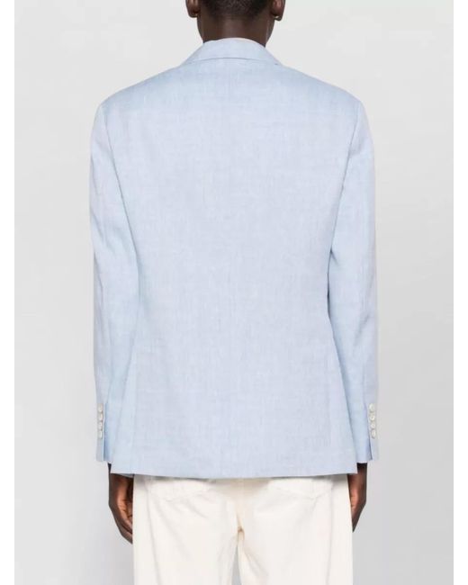 Brunello Cucinelli Blue Linen And Virgin Wool Single-Breasted Blazer for men