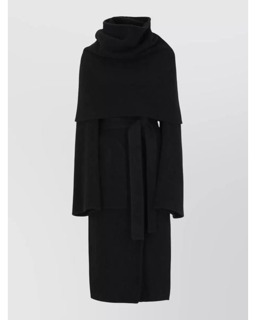Rick Owens Black Long Hooded Coat Belt And Cape
