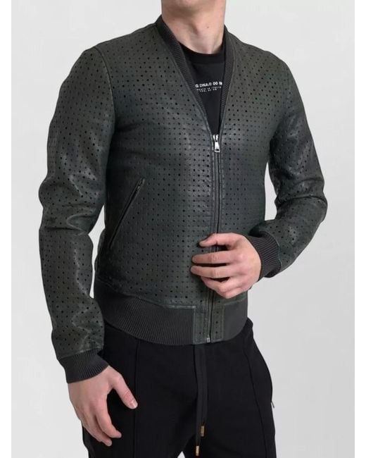 Dolce & Gabbana Gray Leather Perforated Bomber Jacket for men