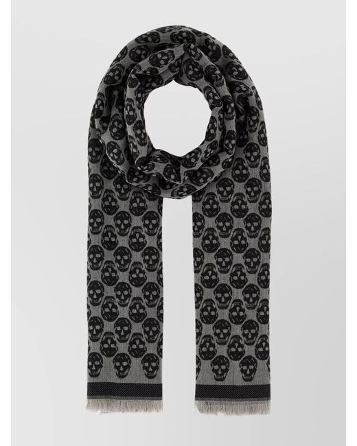 McQueen Black Embroidered Wool Blend Scarf for men