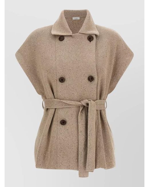 Brunello Cucinelli Natural Diamante Knit Vest Belted Waist Collar