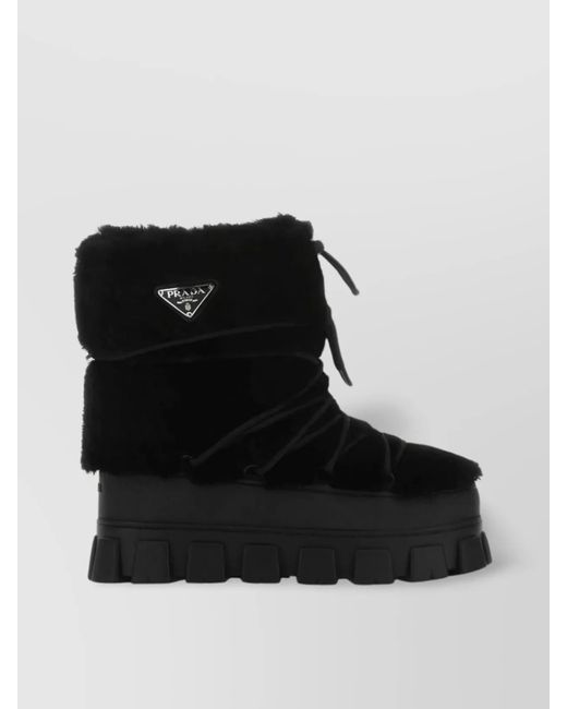 Prada Black Shearling And Rubber Ankle Boots With Fur Texture for men