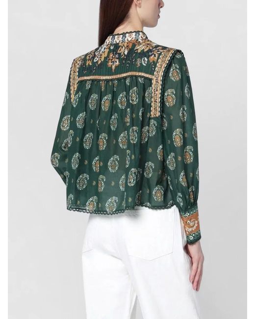 Farm Rio Green Floral Top Long Sleeves Pleated Back Scalloped Hem
