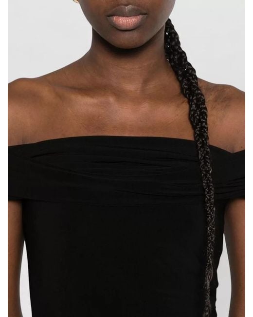 Norma Kamali Black Off Shoulder Midi Dress Pleated Skirt Draped