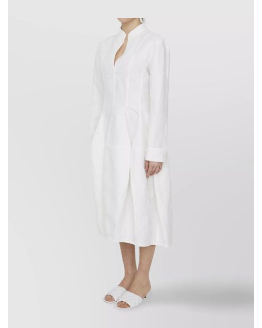 Bottega Veneta White Linen And Viscose Dress With Buttoned Sleeves