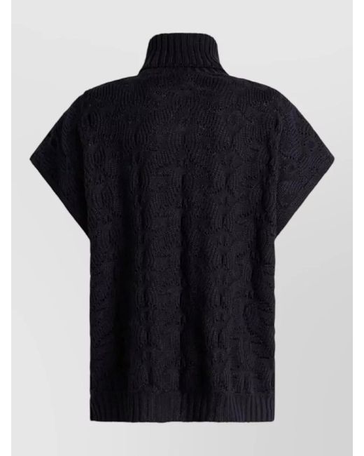 Etro Black Turtleneck Textured Knit Short Sleeve Top