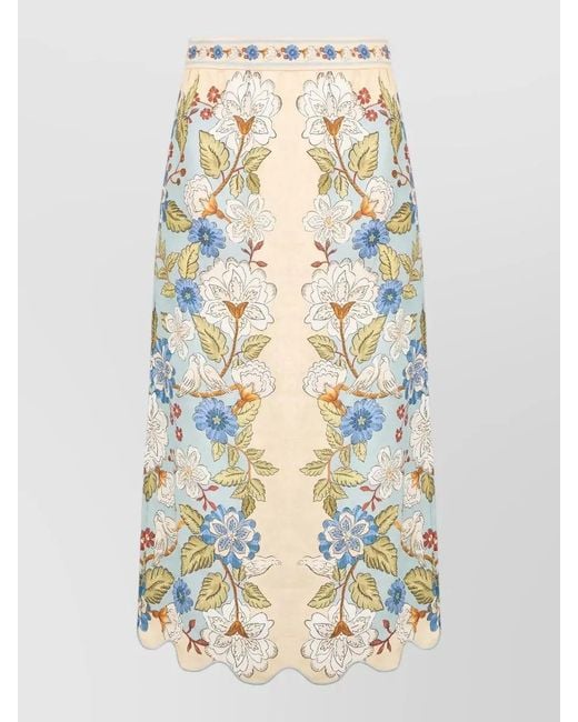 Farm Rio Multicolor Floral High Waist Midi Skirt Scalloped Hem