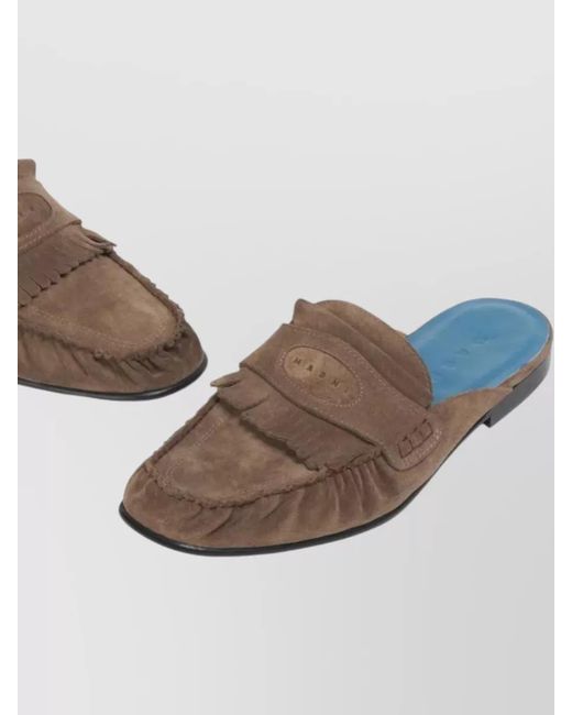 Marni Brown Suede Clogs Contrasting Sole Fringed Trim for men