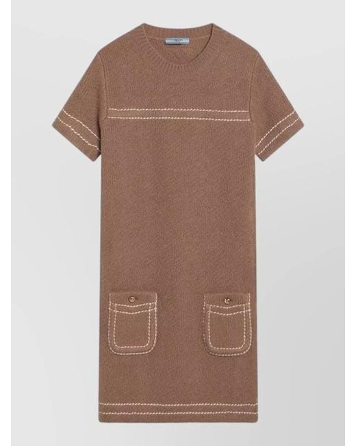 Prada Brown Short Sleeve Dress Contrast Stitching Pockets